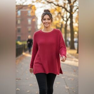 Cynthia Rowley 100% Cashmere Red Scoop Neck Sweater XL Curved Hem